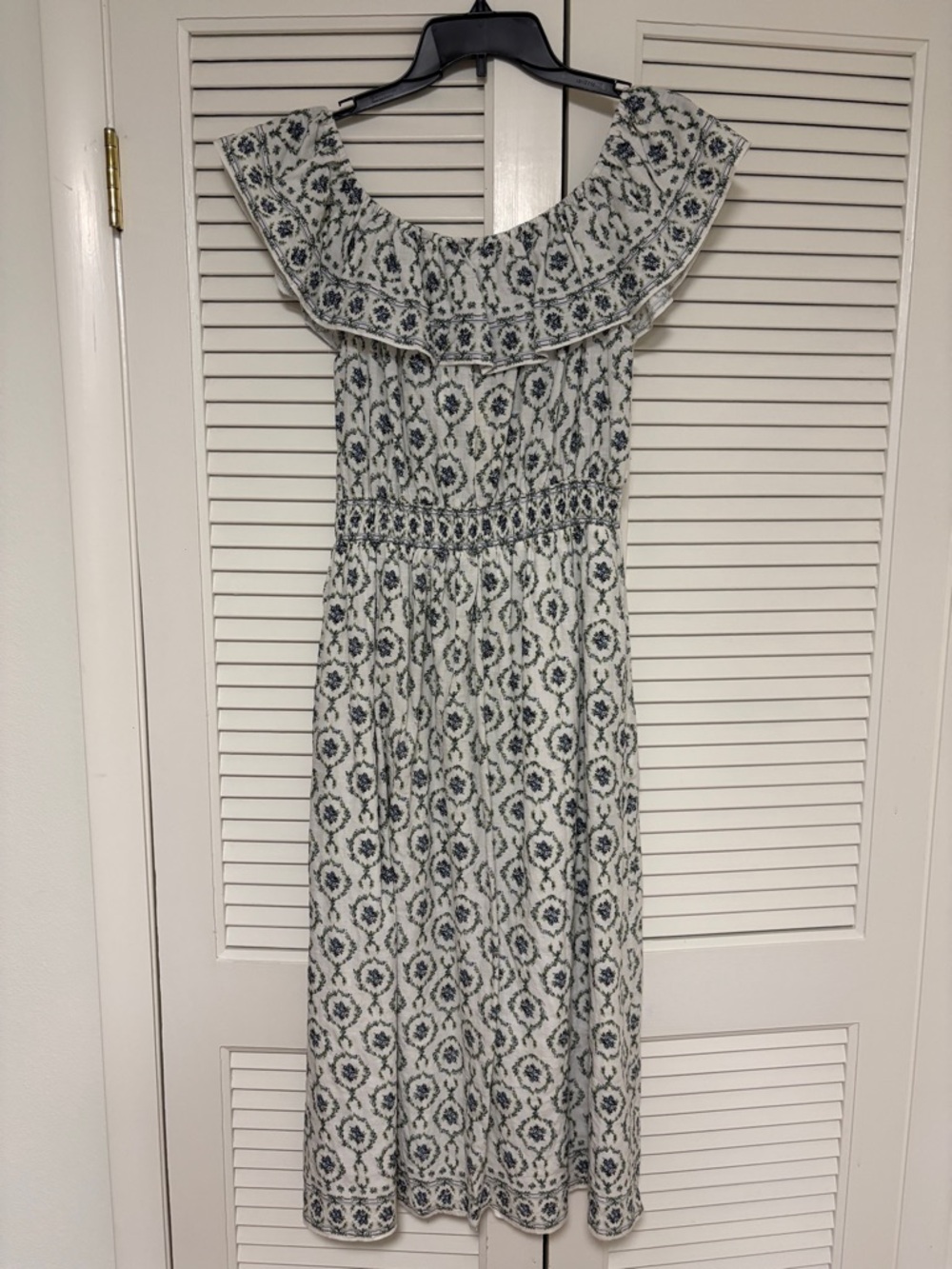 Women's White, Green & Blue Floral Off-Shoulder Midi Dress
